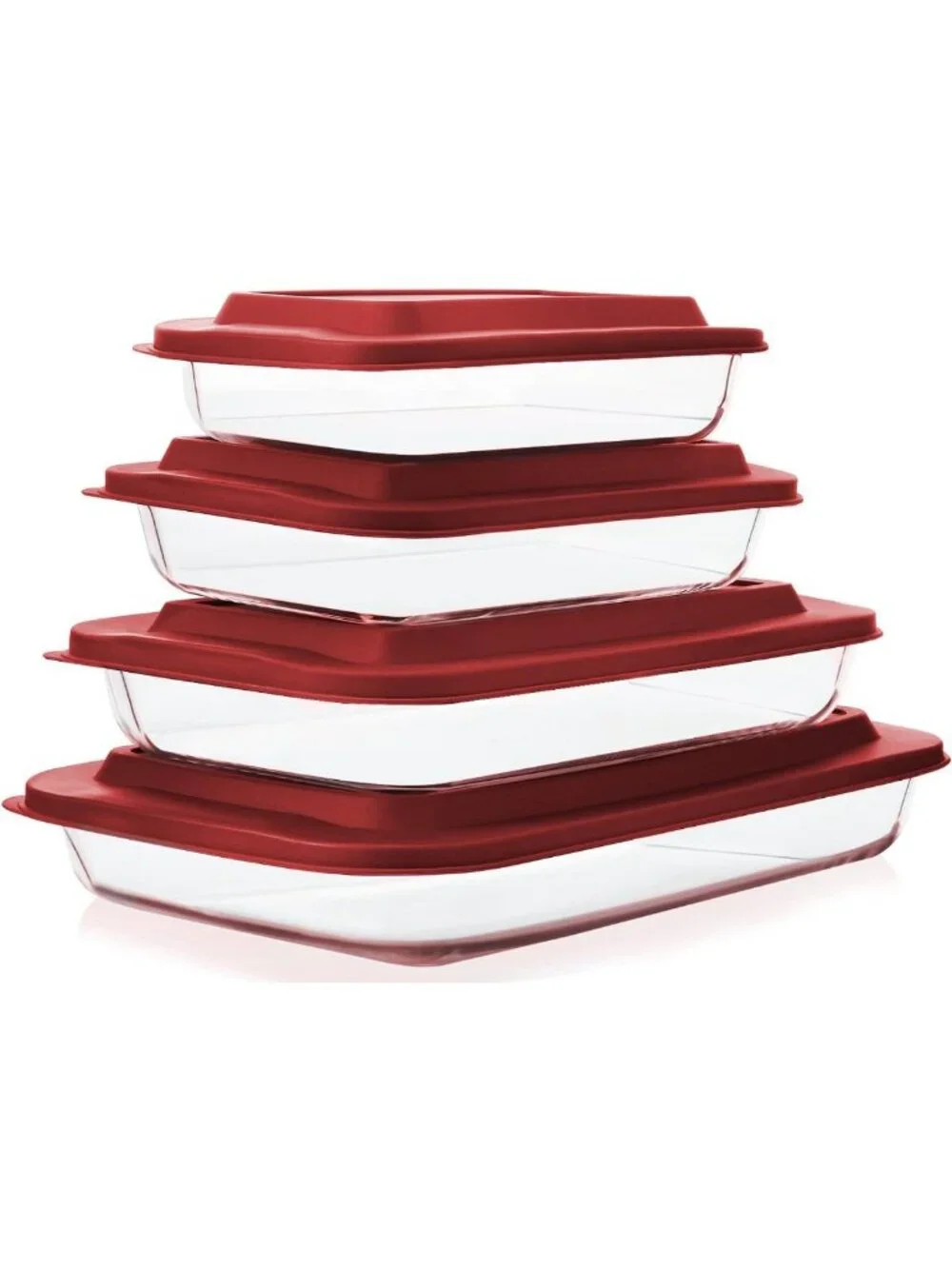 8-Piece Deep Glass Baking Dish Set with Lids, BPA-Free, Oven Safe, Red